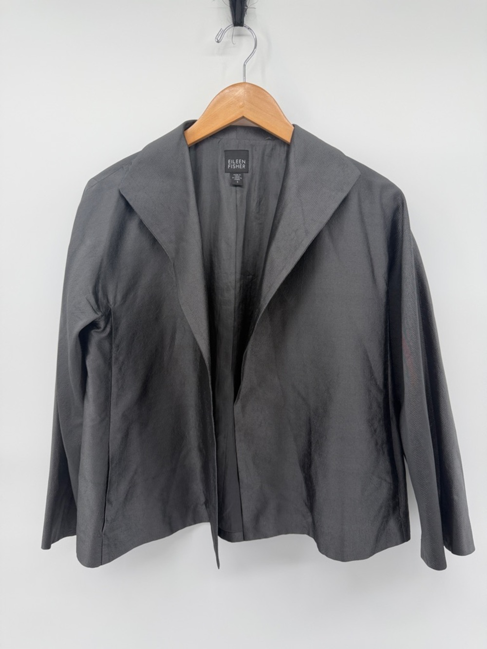 Eileen Fisher Open Front Silk Blazer in Charcoal Gray S A6